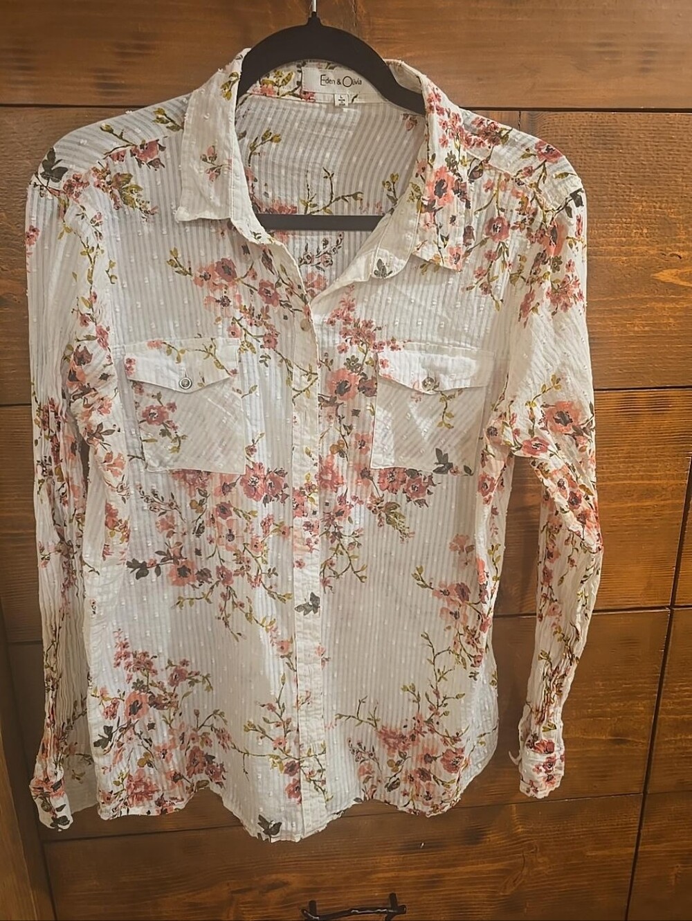 Eden & Olivia Floral Button Down Blouse Size L Semi Sheer Textured Boho